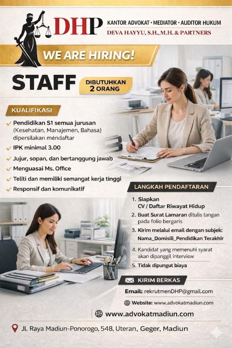 LOWONGAN PEKERJAAN STAFF PENGACARA DEVA HAYYU.,S.H.,M.H & PARTNERS